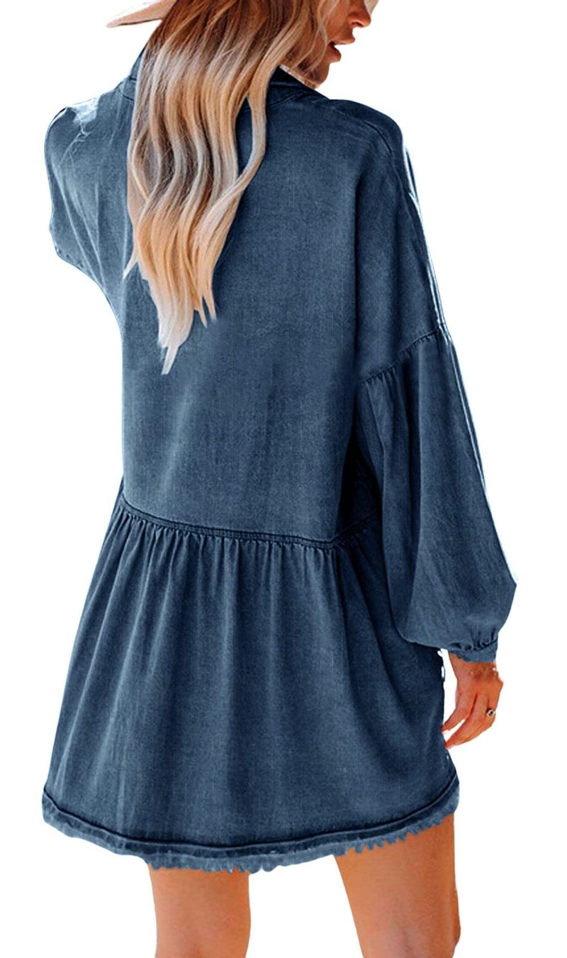 loveimgs Women Oversized Distressed Denim Button Down Shirt Tunic Dress Flowy Mini Jean Dress with Pockets (Small,Dark Blue) - Image 2