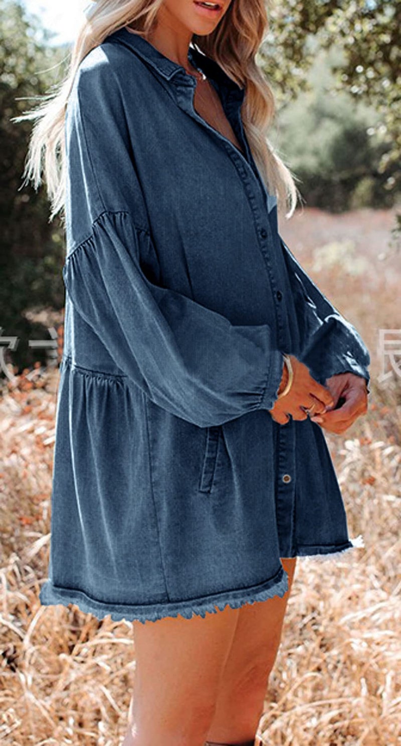 loveimgs Women Oversized Distressed Denim Button Down Shirt Tunic Dress Flowy Mini Jean Dress with Pockets (Small,Dark Blue) - Image 3