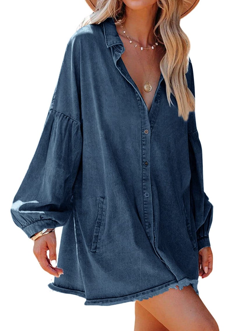loveimgs Women Oversized Distressed Denim Button Down Shirt Tunic Dress Flowy Mini Jean Dress with Pockets (Small,Dark Blue) - Image 1