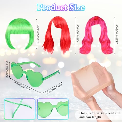 XLSXEXCL 27 Pieces Colored Wigs Funky Colorful Wigs Three Styles Neon Party Wigs with Heart Shape Sunglasses and Wig Cap for Women Cosplay Bachelorette PartyHalloween - Image 3