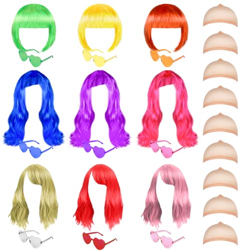 XLSXEXCL 27 Pieces Colored Wigs Funky Colorful Wigs Three Styles Neon Party Wigs with Heart Shape Sunglasses and Wig Cap for Women Cosplay Bachelorette PartyHalloween - Image 1