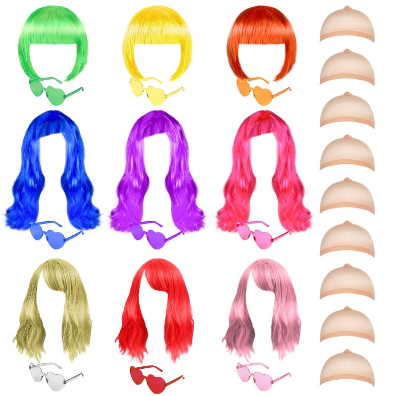 XLSXEXCL 27 Pieces Colored Wigs Funky Colorful Wigs Three Styles Neon Party Wigs with Heart Shape Sunglasses and Wig Cap for Women Cosplay Bachelorette PartyHalloween - Image 2