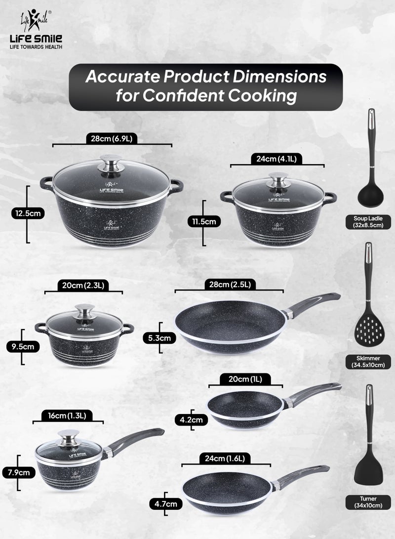 Life Smile 14-Piece Granite Cookware Set – Non stick Cookwares with Stainless Steel Rim, Oven-Safe Pots and Pans set includes,20/24/28cm Casseroles with lid ,20cm/24cm/28cm Frying Pan with lid, 16cm Saucepan with Lid & 3 Silicone Kitchen Tools - Image 3