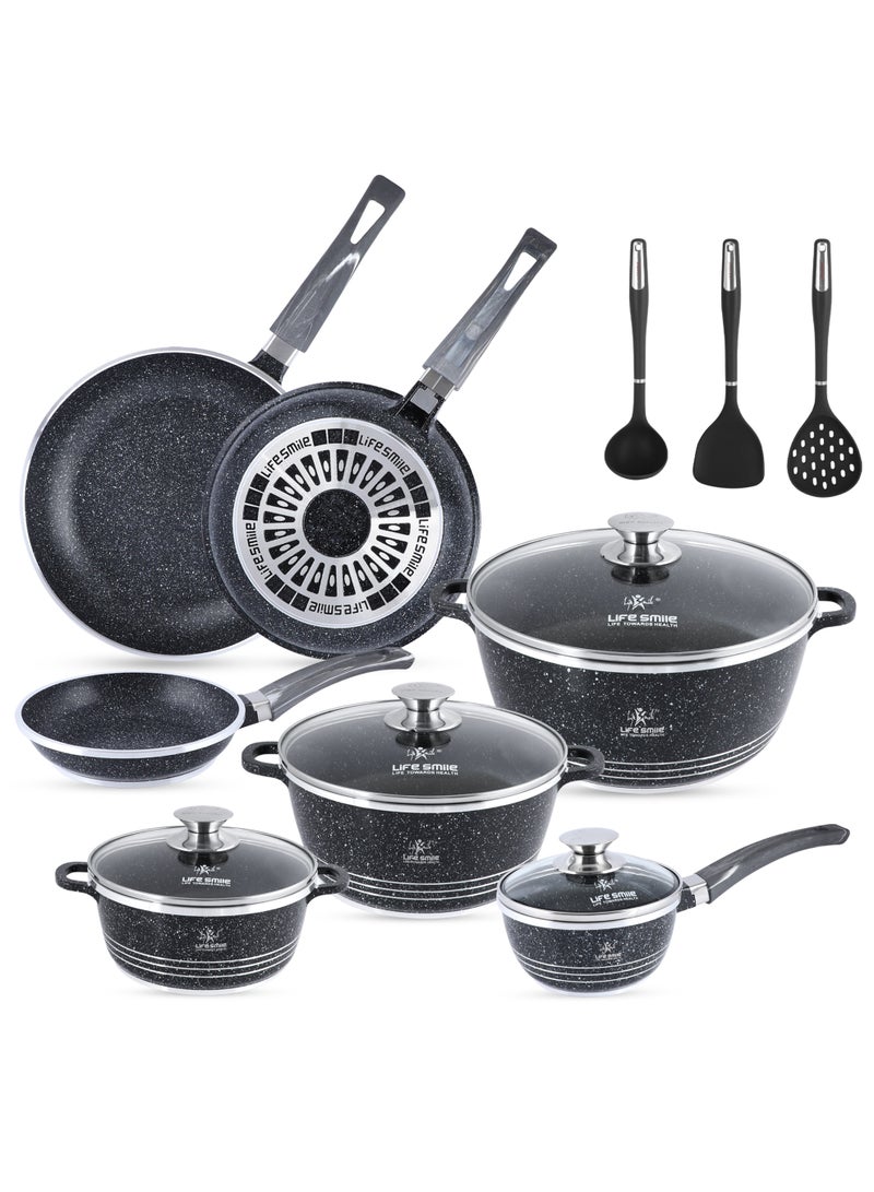 Life Smile 14-Piece Granite Cookware Set – Non stick Cookwares with Stainless Steel Rim, Oven-Safe Pots and Pans set includes,20/24/28cm Casseroles with lid ,20cm/24cm/28cm Frying Pan with lid, 16cm Saucepan with Lid & 3 Silicone Kitchen Tools - Image 1
