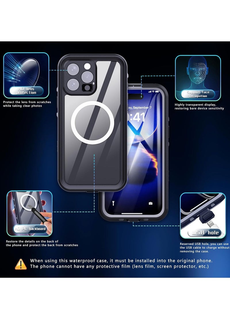 General - for iPhone 16/iPhone 16 Plus/iPhone 16 Pro/iPhone 16 Pro Max Magnetic Waterproof Case, IP68 Snorkelling Case Full Body Seal Slim Shockproof Snowproof Underwater Outdoor Transparent Cover for  iPhone 16/iPhone 16 Plus/iPhone 16 Pro/iPhone 16 Pro Max (Black) - Image 1