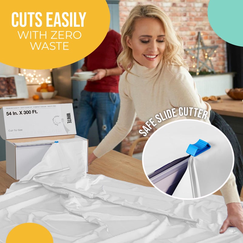 Party Solids 54 Inch X 300 Feet White Plastic Table Cover Roll in A Cut - to - Size Box with Convenient Slide Cutter. Cuts Up to 36 Rectangle 8 Feet Plastic Disposable Tablecloths - Image 5