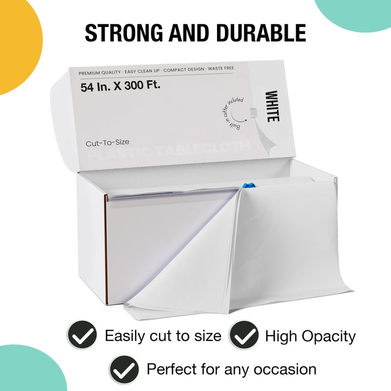 Party Solids 54 Inch X 300 Feet White Plastic Table Cover Roll in A Cut - to - Size Box with Convenient Slide Cutter. Cuts Up to 36 Rectangle 8 Feet Plastic Disposable Tablecloths - Image 3