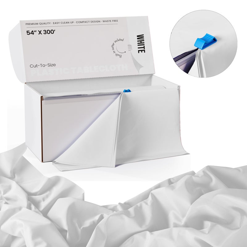 Party Solids 54 Inch X 300 Feet White Plastic Table Cover Roll in A Cut - to - Size Box with Convenient Slide Cutter. Cuts Up to 36 Rectangle 8 Feet Plastic Disposable Tablecloths - Image 2