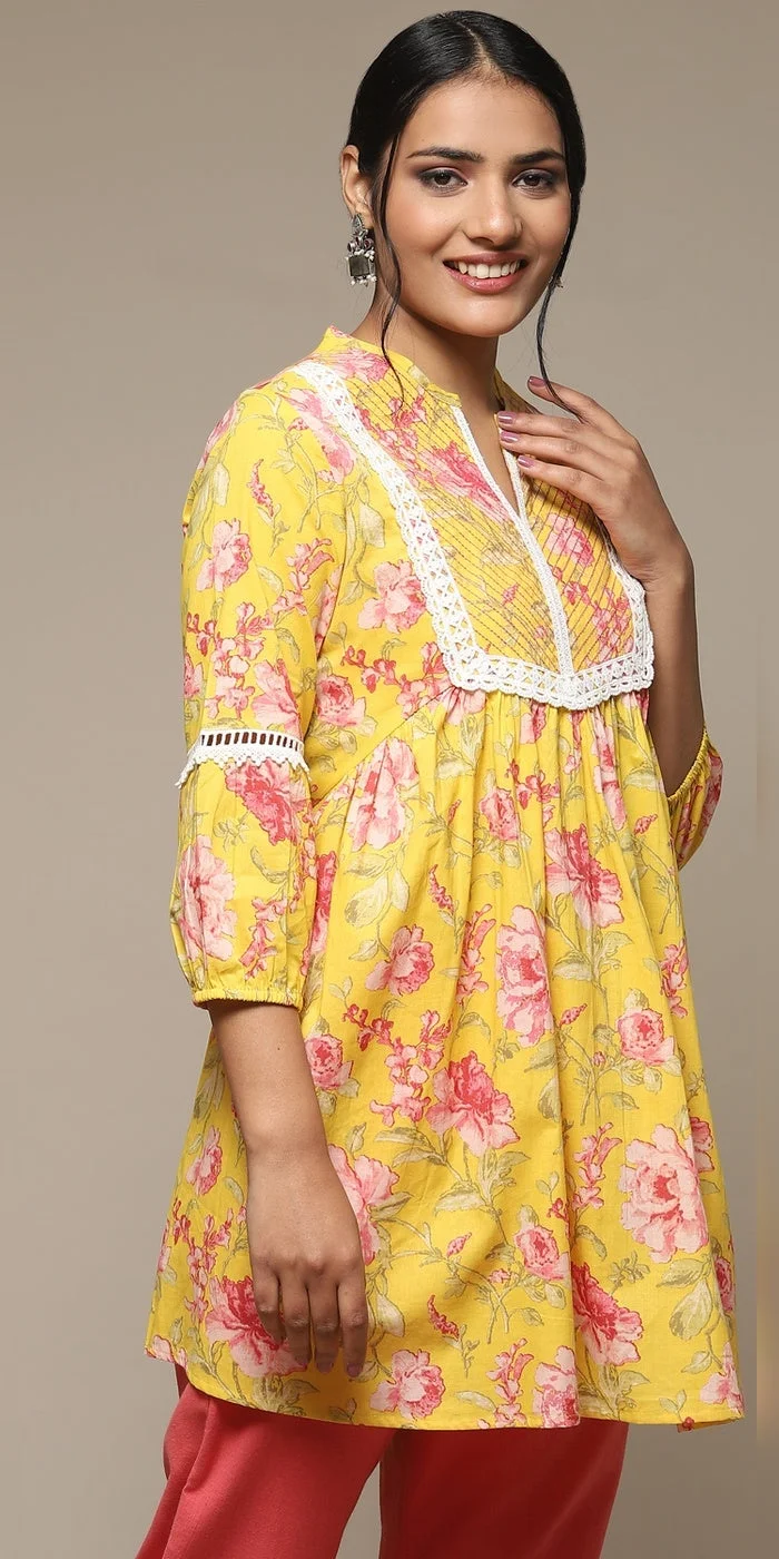 Biba  Women Yellow Cotton Printed Kurti  | Best Price UAE