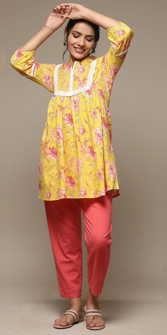 Biba  Women Yellow Cotton Printed Kurti  | Best Price UAE