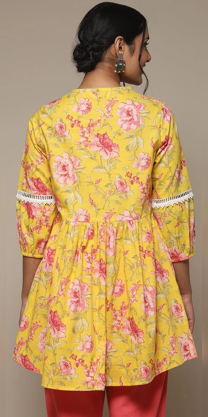 Biba  Women Yellow Cotton Printed Kurti  | Best Price UAE