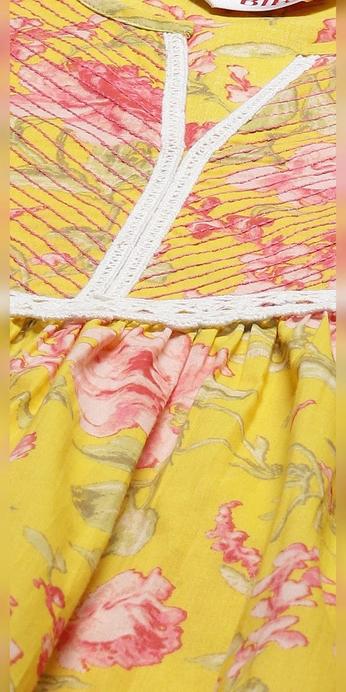 Biba  Women Yellow Cotton Printed Kurti  | Best Price UAE