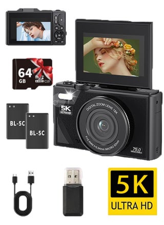 Digital Camera, Autofocus UHD 5K Vlogging Camera with 3 Inch Flip Screen, 75MP 18X Digital Zoom Anti Shake Video Camera, Compact Travel Camera for Kids Teens Adult (Black) - pzsku/Z4E4FAE92046D29E4CF88Z/45/1748269545/f739d23d-d384-4631-a0ab-15e74ee6bd26