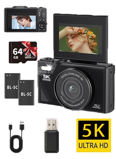 Digital Camera, Autofocus UHD 5K Vlogging Camera with 3 Inch Flip Screen, 75MP 18X Digital Zoom Anti Shake Video Camera, Compact Travel Camera for Kids Teens Adult (Black)