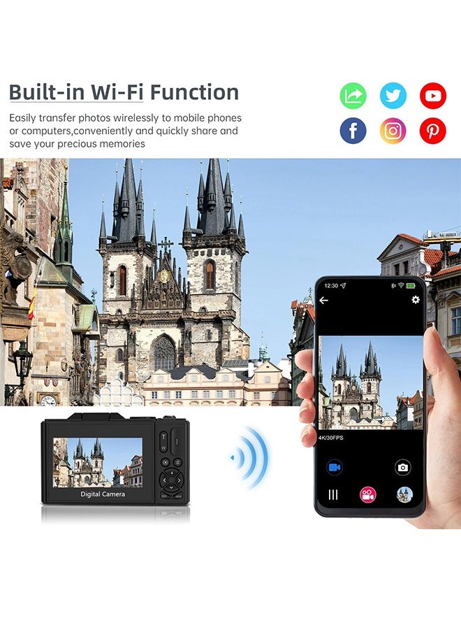 Digital Camera, Autofocus UHD 5K Vlogging Camera with 3 Inch Flip Screen, 75MP 18X Digital Zoom Anti Shake Video Camera, Compact Travel Camera for Kids Teens Adult (Black)