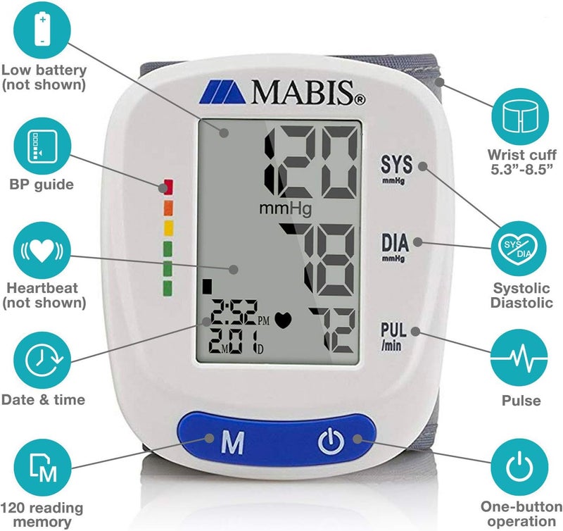 Mabis Digital Premium Wrist Blood Pressure Monitor with Automatic Wrist Cuff that Displays Blood Pressure Pulse Rate and Irregular Heartbeat Stores up to 120 Readings - Image 2