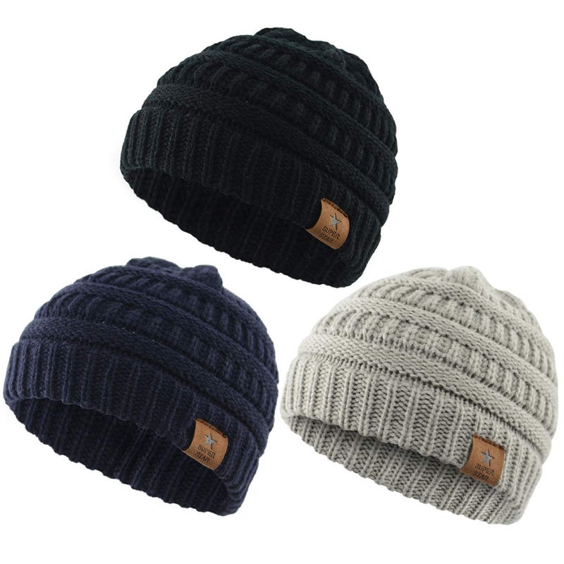 Durio Soft Warm Knitted Baby Hats Caps Cute Cozy Chunky Winter Infant Toddler Baby Beanies for Boys Girls 3 Pack Black Light Grey Navy