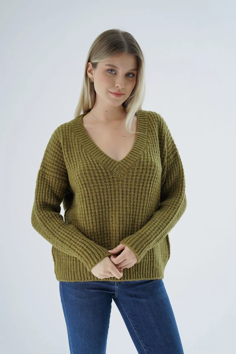 Trist Star Women Olive Oversize V Neck Nopen Selanik Knitting Wool Special Yarn Knitwear Knitted Sweater TRIST-6160