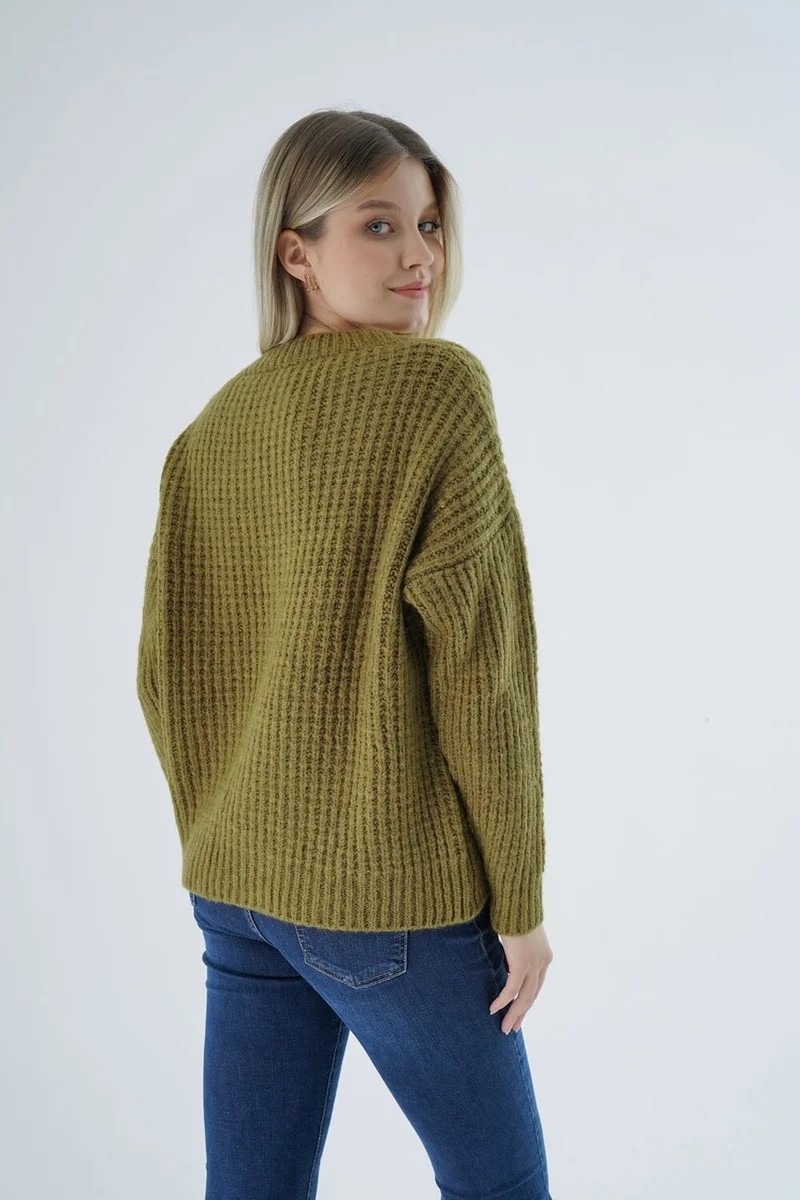 Trist Star Women Olive Oversize V Neck Nopen Selanik Knitting Wool Special Yarn Knitwear Knitted Sweater TRIST-6160