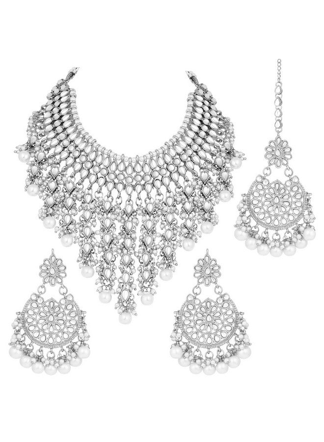 Peora Traditional Kundan & Pearl Drop Rhodium Plated Choker Necklace Earring Set with Maang Tikka for Women Girls - Image 1