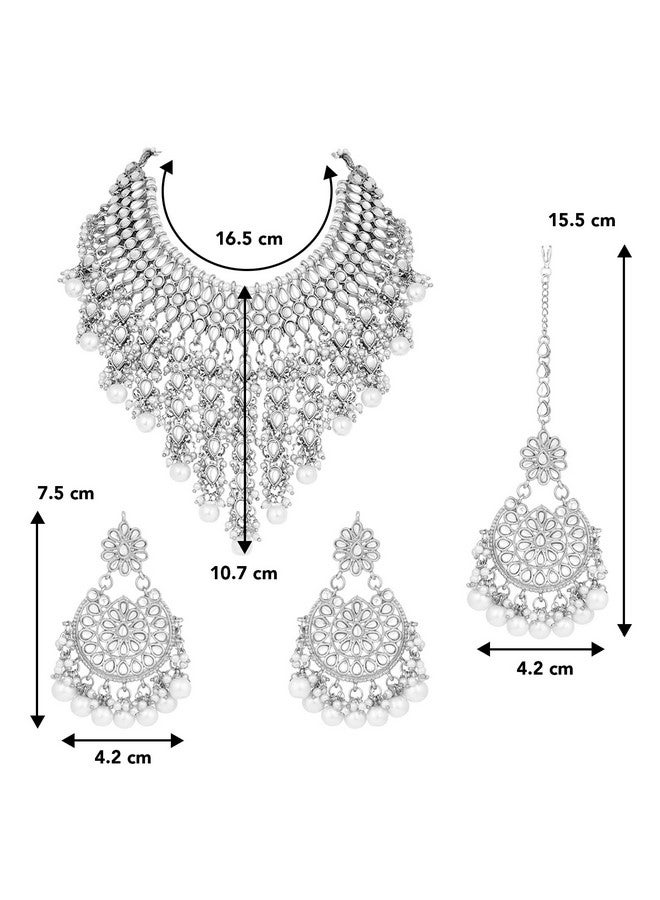 Peora Traditional Kundan & Pearl Drop Rhodium Plated Choker Necklace Earring Set with Maang Tikka for Women Girls - Image 4