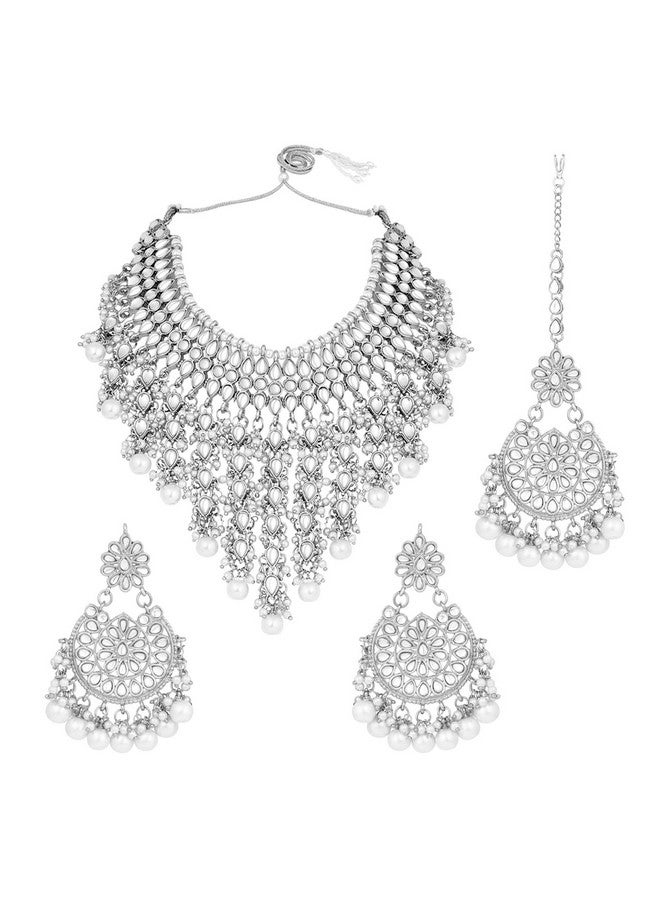 Peora Traditional Kundan & Pearl Drop Rhodium Plated Choker Necklace Earring Set with Maang Tikka for Women Girls - Image 5