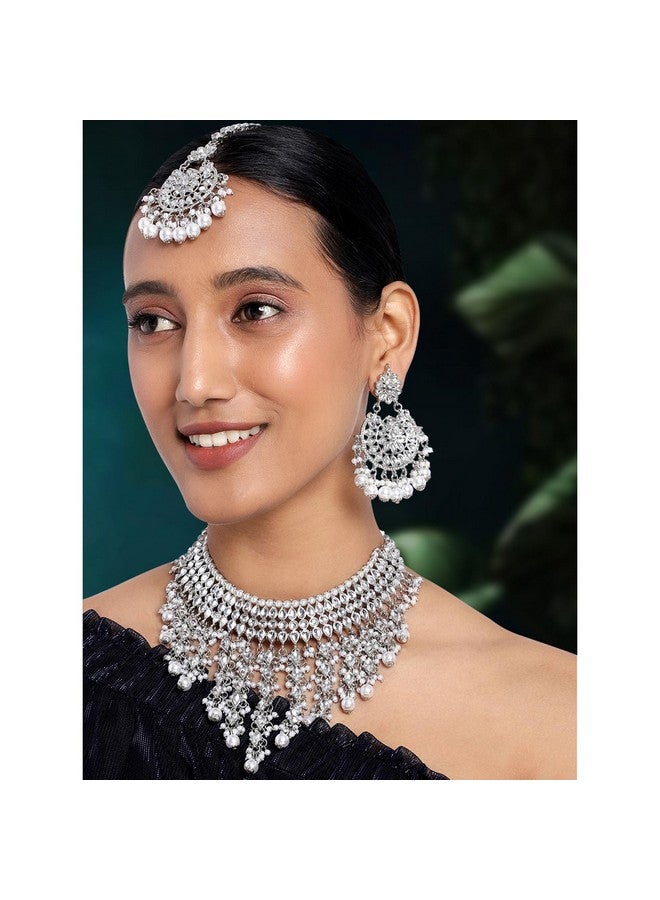 Peora Traditional Kundan & Pearl Drop Rhodium Plated Choker Necklace Earring Set with Maang Tikka for Women Girls - Image 3