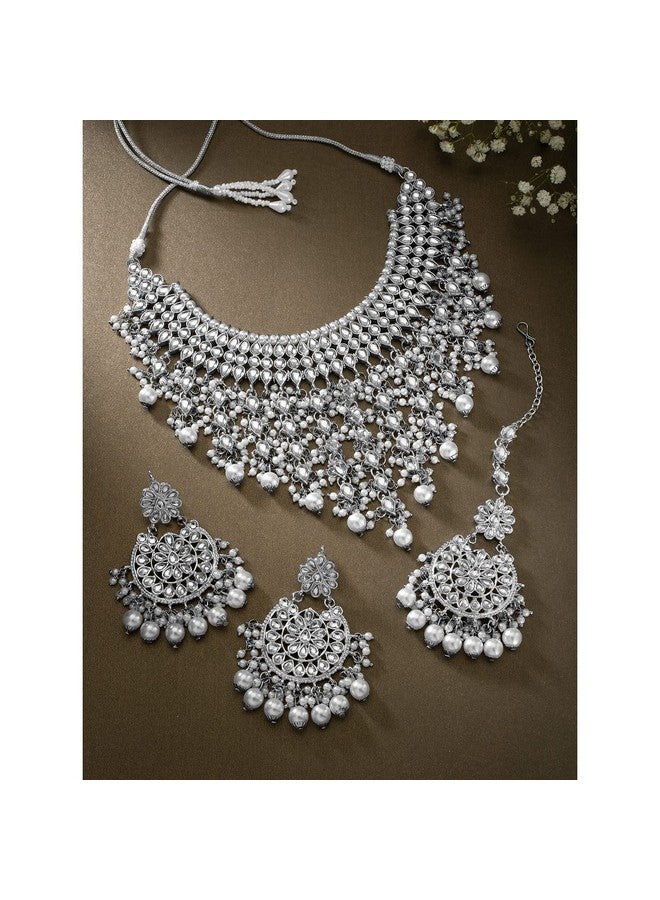 Peora Traditional Kundan & Pearl Drop Rhodium Plated Choker Necklace Earring Set with Maang Tikka for Women Girls - Image 2