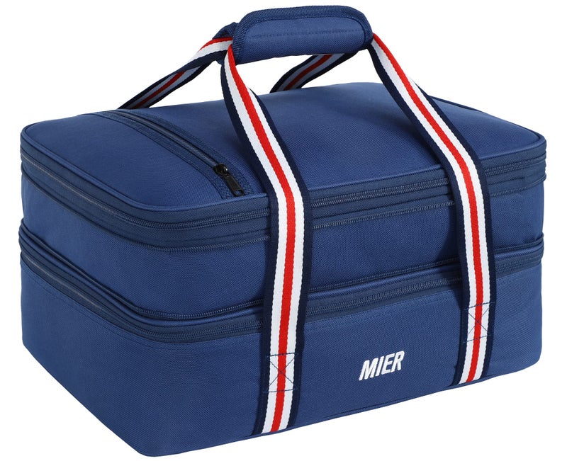 MIER Insulated Double Casserole Carrier Thermal Lunch Tote for Potluck Parties Picnic Beach Fits 9 x 13 Inches Casserole Dish Expandable by Mid Zipper Navy
