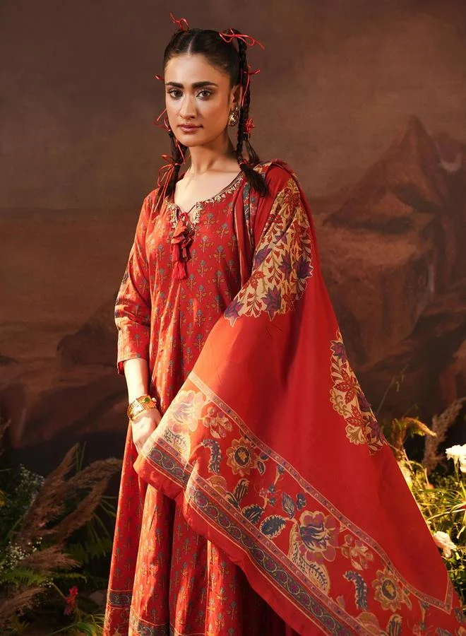 ISHIN  Women's Red Cotton Printed Tunic Upper Calf Length Palazzo Bottom Regular Fit 3 Peice Kurta Set for Women | Best Price UAE