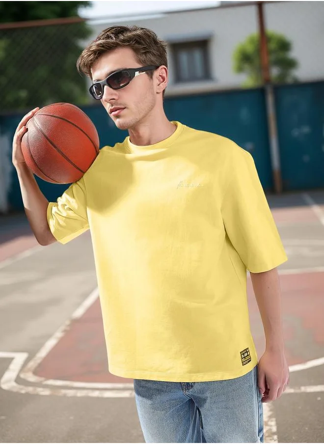 هوبرهولمي Men's Yellow 100% Cotton Solid Oversized T-Shirt