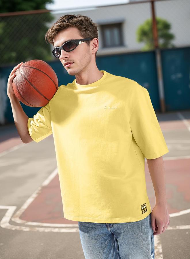 Hubberholme Men's Yellow 100% Cotton Solid Oversized T-Shirt - Image 1