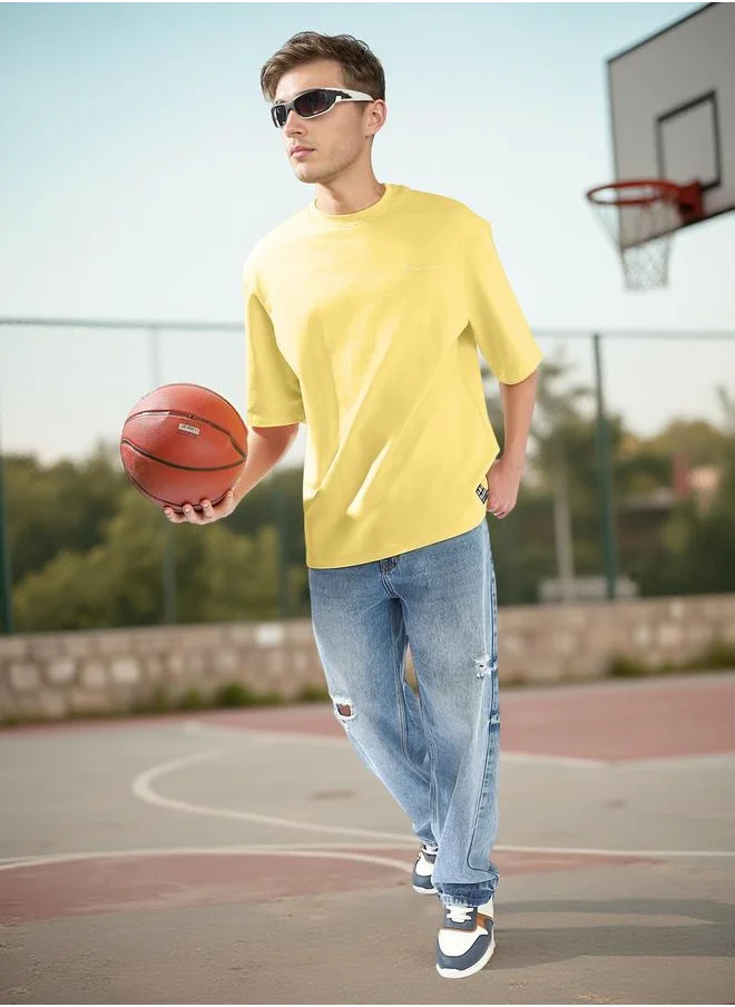 هوبرهولمي Men's Yellow 100% Cotton Solid Oversized T-Shirt