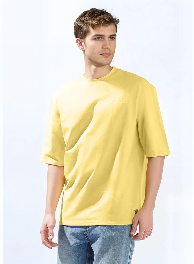 Hubberholme Men's Yellow 100% Cotton Solid Oversized T-Shirt - Image 3
