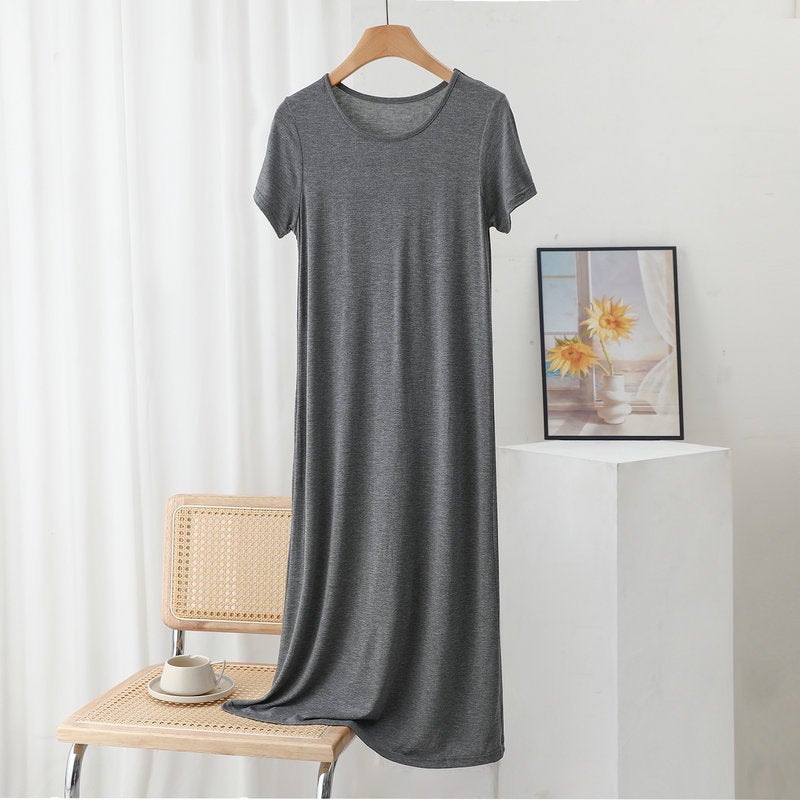 Modal short sleeve dress womens summer thin loose underskirt plus size outer wear round neck bottoming skirt home casual dress Long dark gray