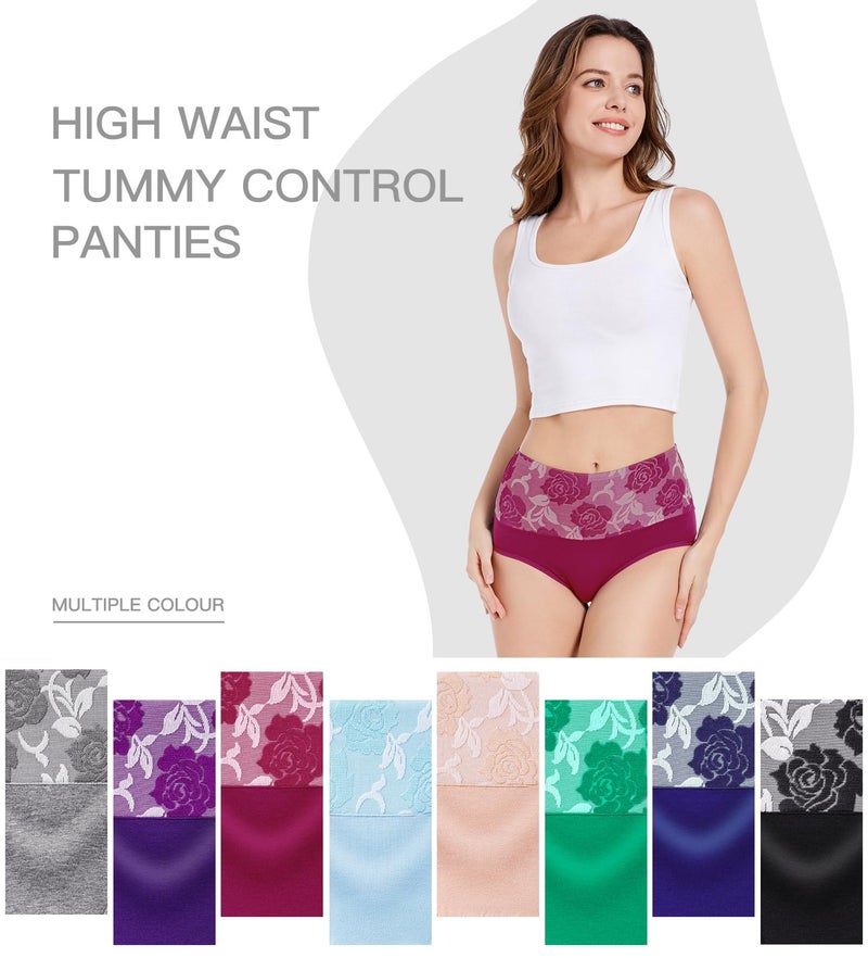 HAVVIS Women's Briefs Underwear Cotton High Waist Tummy Control Panties Rose Jacquard Ladies Panty Multipack (Brief 01-8 Pack - Assorted Colors 03, X-Large) - Image 2