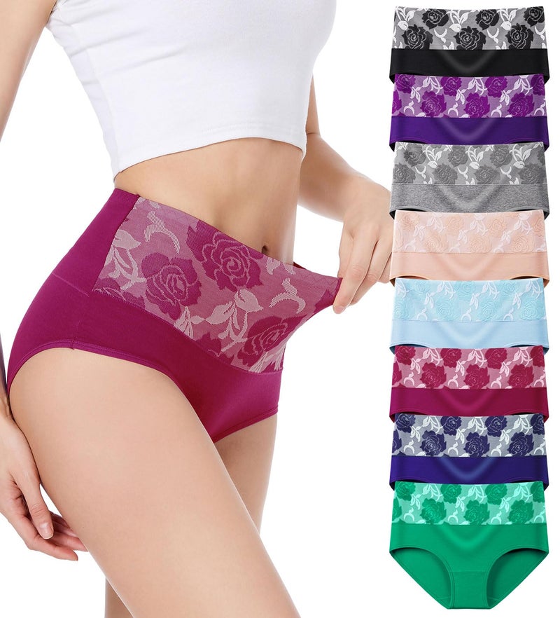 HAVVIS Women's Briefs Underwear Cotton High Waist Tummy Control Panties Rose Jacquard Ladies Panty Multipack (Brief 01-8 Pack - Assorted Colors 03, X-Large) - Image 1