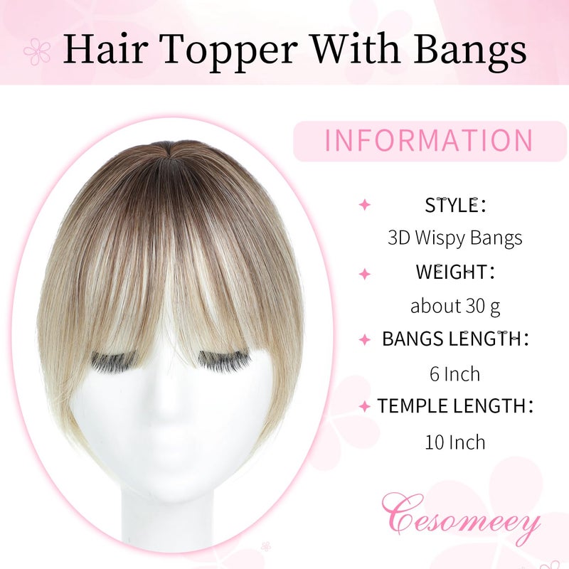 Cesomeey Hair Topper Clip in Bangs, 360Â° 3D Cover Hair Toppers for Women with Thinning Hairs, Upgrade Topper with Bang Clip, 10 Inch Straight Hairs Pieces for Women (Ombre Light Brown to Blonde) - Image 2