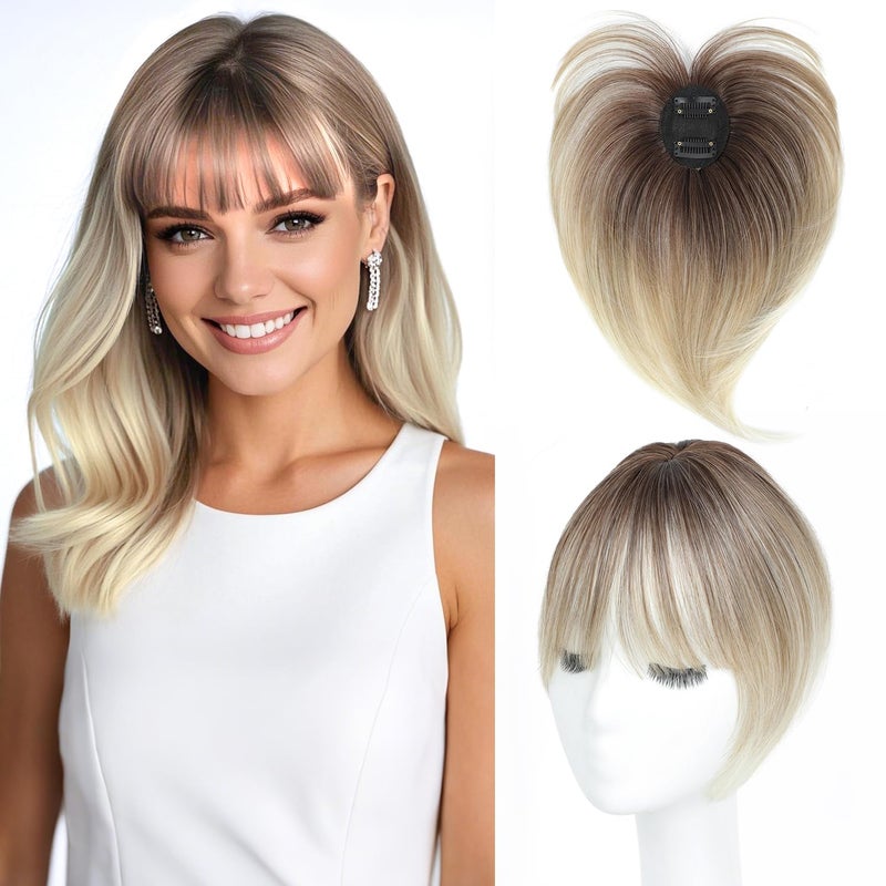 Cesomeey Hair Topper Clip in Bangs, 360Â° 3D Cover Hair Toppers for Women with Thinning Hairs, Upgrade Topper with Bang Clip, 10 Inch Straight Hairs Pieces for Women (Ombre Light Brown to Blonde) - Image 1