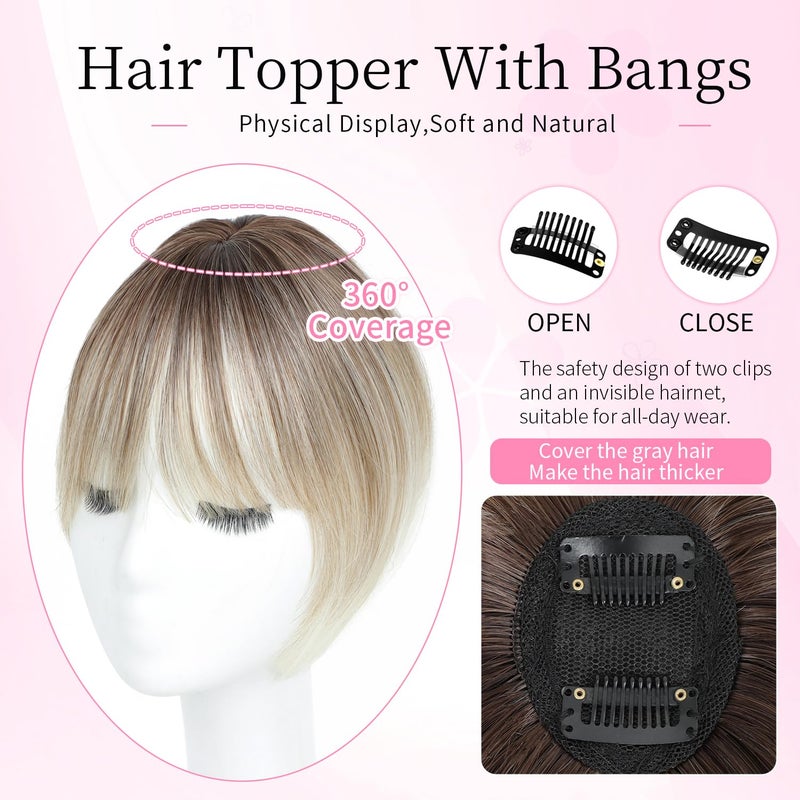 Cesomeey Hair Topper Clip in Bangs, 360Â° 3D Cover Hair Toppers for Women with Thinning Hairs, Upgrade Topper with Bang Clip, 10 Inch Straight Hairs Pieces for Women (Ombre Light Brown to Blonde) - Image 3