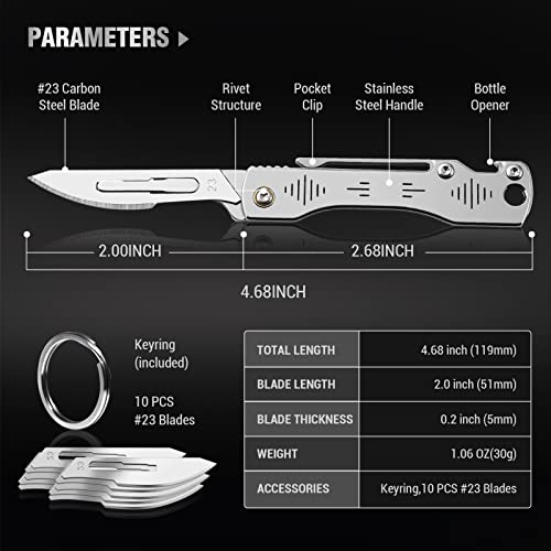 ITOKEY Folding Scalpel Knife, Scalpel Pocket Knife, Scalpels Surgical with 10pcs #23 Replaceable Razor Blades, Bottle Opener - Bread Lame Dough Scoring Tool, EDC Utility Knives, Small Keychain Knives for Men Outdoor Skinning - Image 3