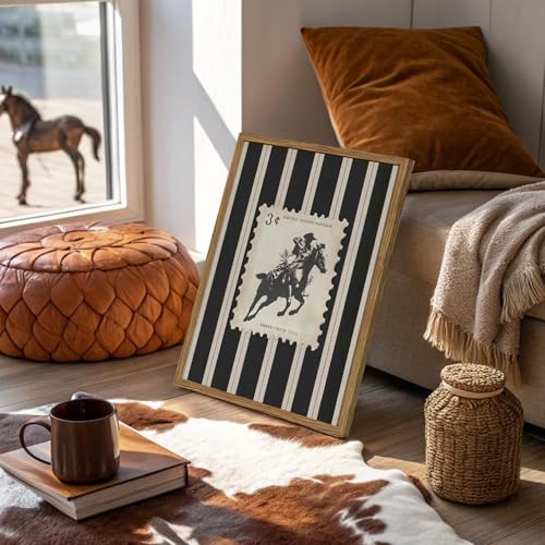 yulihaz Vintage Western Cowboy Wall Art Black and White Striped Cowboy Riding Horse Wall Decor Paintings Mid Century Rodeo Southwestern Poster Canvas Print for Bedroom Living Room 12x16 inch Wood Framed - Image 3