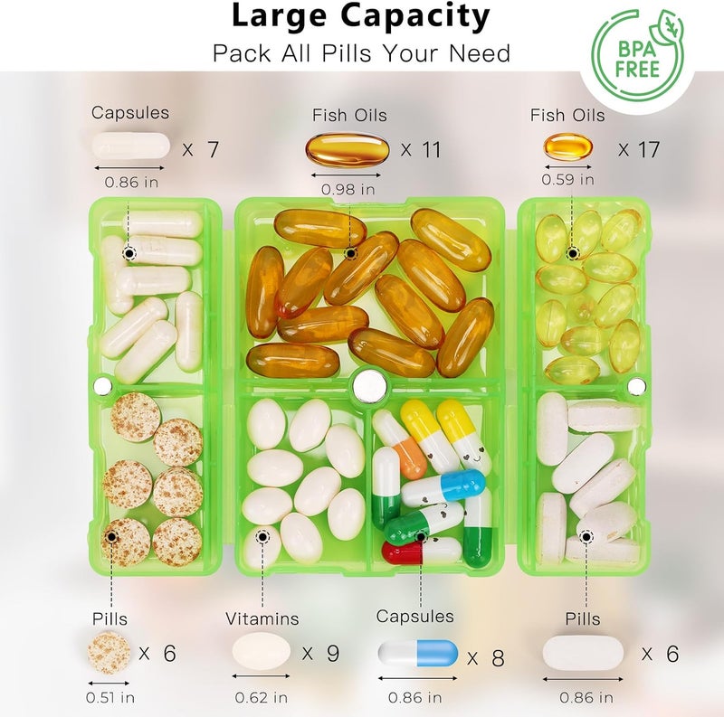 FYY Daily Pill Organizer, 7 Compartments Portable Pill Case Travel Pill Organizer,[Folding Design]Pill Box for Purse Pocket to Hold Vitamins,Cod Liver Oil,Supplements and Medication-Clear Green - Image 4