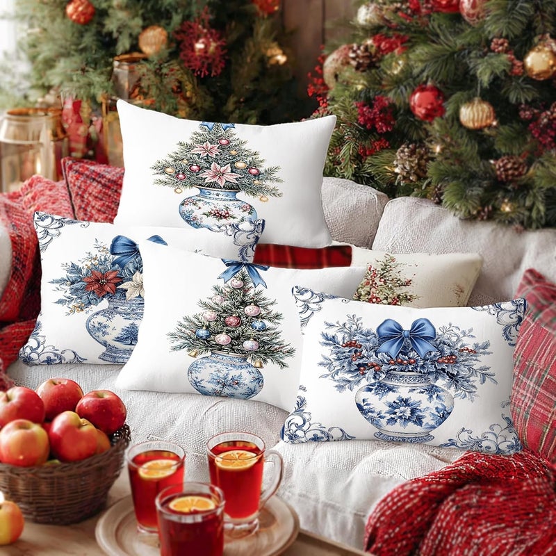 Christmas Throw Pillow Covers Set of 4, Blue Floral Tree Decorative Cushion Cases, Holiday Farmhouse Decor for Home Sofa Bed Couch 20x12 Inch - Image 2