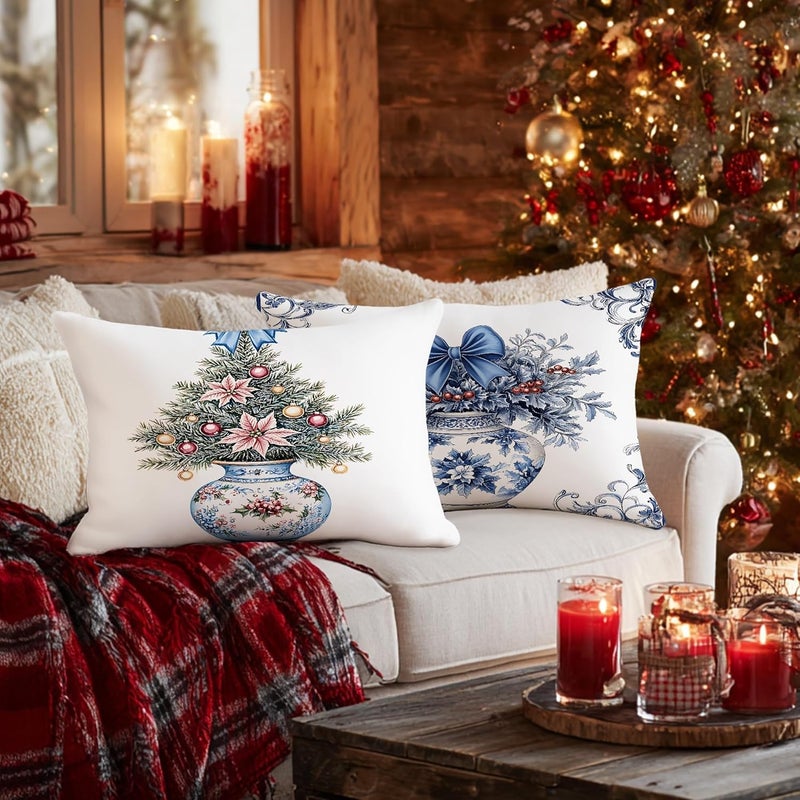 Christmas Throw Pillow Covers Set of 4, Blue Floral Tree Decorative Cushion Cases, Holiday Farmhouse Decor for Home Sofa Bed Couch 20x12 Inch - Image 4