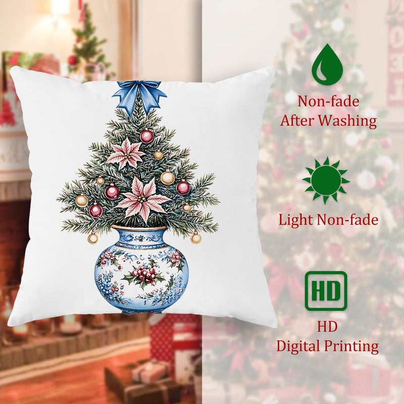 Christmas Throw Pillow Covers Set of 4, Blue Floral Tree Decorative Cushion Cases, Holiday Farmhouse Decor for Home Sofa Bed Couch 20x12 Inch - Image 5