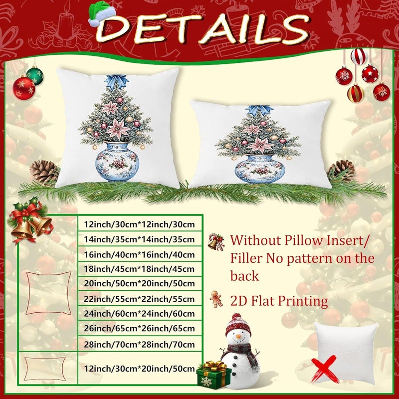 Christmas Throw Pillow Covers Set of 4, Blue Floral Tree Decorative Cushion Cases, Holiday Farmhouse Decor for Home Sofa Bed Couch 20x12 Inch - Image 3