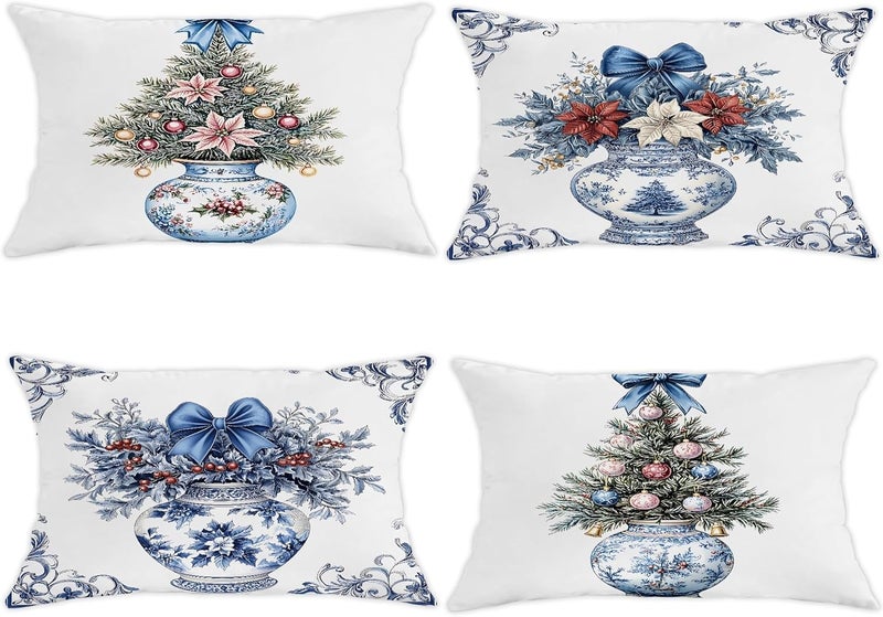 Christmas Throw Pillow Covers Set of 4, Blue Floral Tree Decorative Cushion Cases, Holiday Farmhouse Decor for Home Sofa Bed Couch 20x12 Inch - Image 1