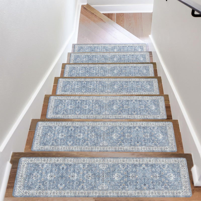 OJIA Stair Treads for Wooden Steps Indoor Washable Stair Carpet Non-Slip 15PCS 30"x8" Rubber Backing Stair Mats Stair Runners for Kids, Elders and Dogs, Staircase Step Treads Stair Covers - Image 1