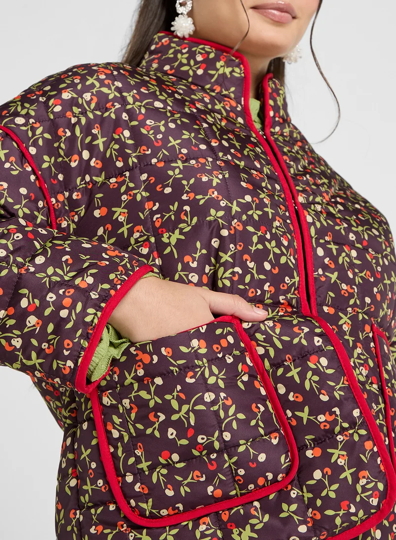 جينجر Floral Padded Jacket With Contrast Detail